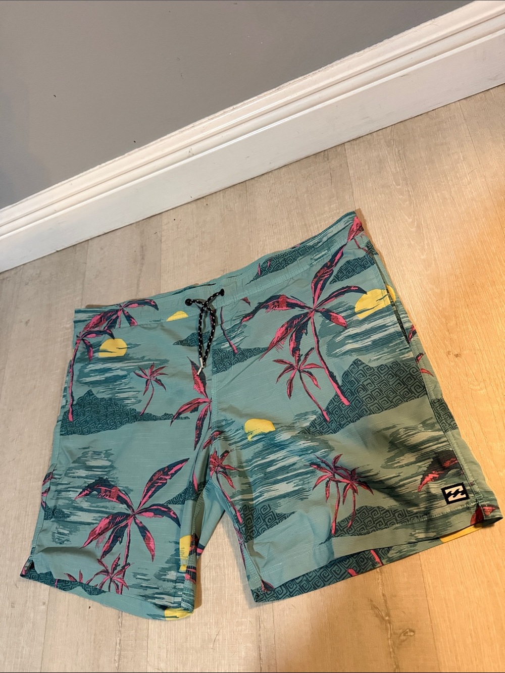 Billabong Teal Swim Board Shorts with Pink Palm Print and Yellow Sun Accents